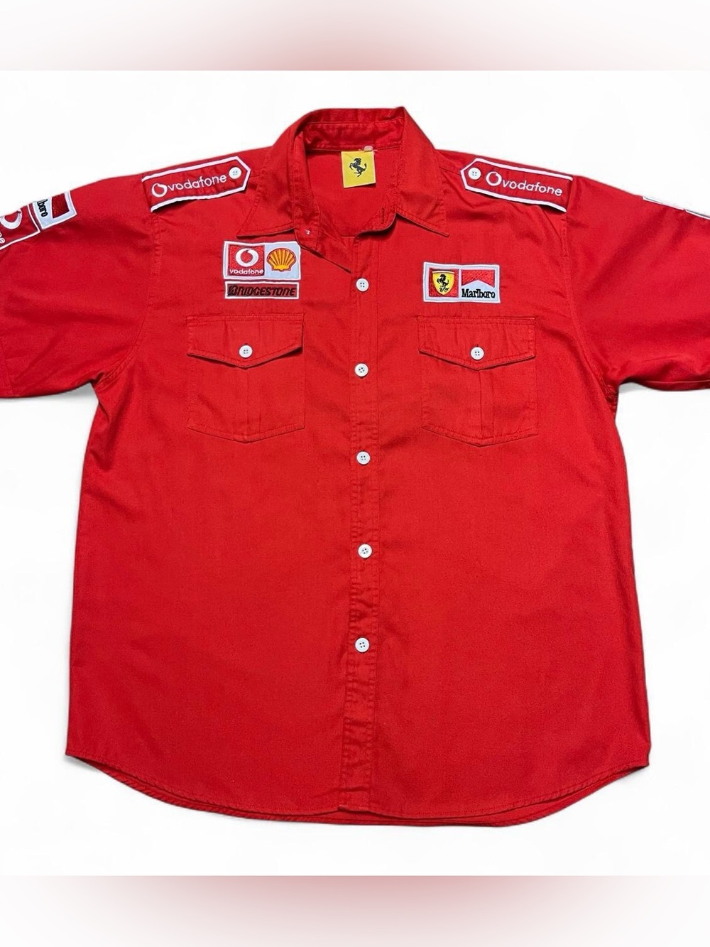 Vintage 90s Ferrari Racing Patch Short Sleeve Button Down Shirt Size XL Red